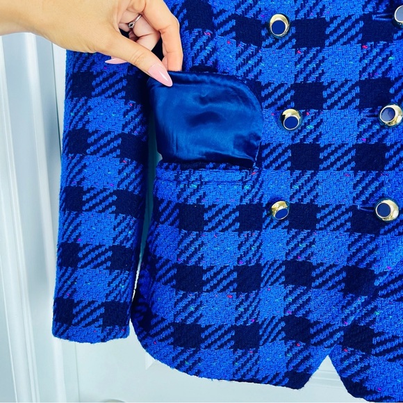 VTG Escada by Margaretha Ley Blue Checked Flecked Wool Double Breasted Blazer 10 - Picture 12 of 14